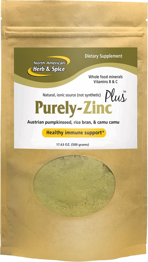 North American Herb & Spice Purely-Zinc Plus - 17.63 oz - Ολόκληρο συμπλήρωμα ψευδαργύρου τροφίμων - Υγιής Ανοσοποιητική Υποστήριξη - Αυστριακός Σπόρος κολοκύθας, Ρύζι Bran & Camu Camu - Μη ΓΤΟ - 18 Υπηρεσίες