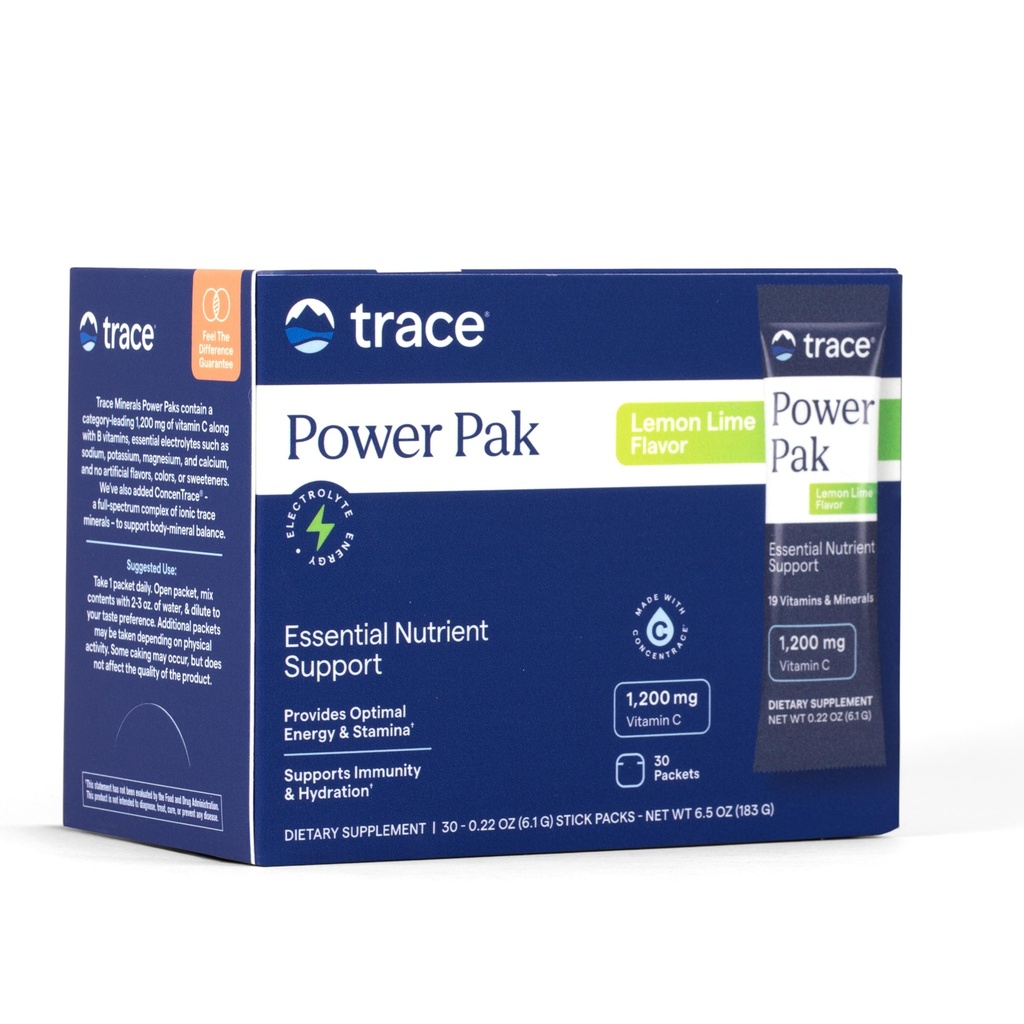 Trace Minerals Power Pak Multivitamin and Multimineral Packets - Ηλεκτρολύτη Υποστήριξη - 1200 mg Βιταμίνη C συν 70+ Trace Minerals - Λεμονί άρωμα Lime - 30 συσκευασίες