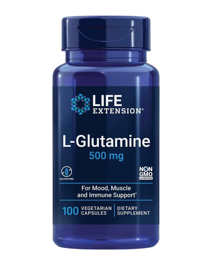 Επέκταση ζωής L-Γλουταμίνη, 500 mg L- γλουταμίνη, Αμινο οξύ, υποστηρίζει την υγεία των μυών και του ανοσοποιητικού, χωρίς γλουτένη, μη ΓΤΟ, 100 κάψουλες χορτοφάγων
