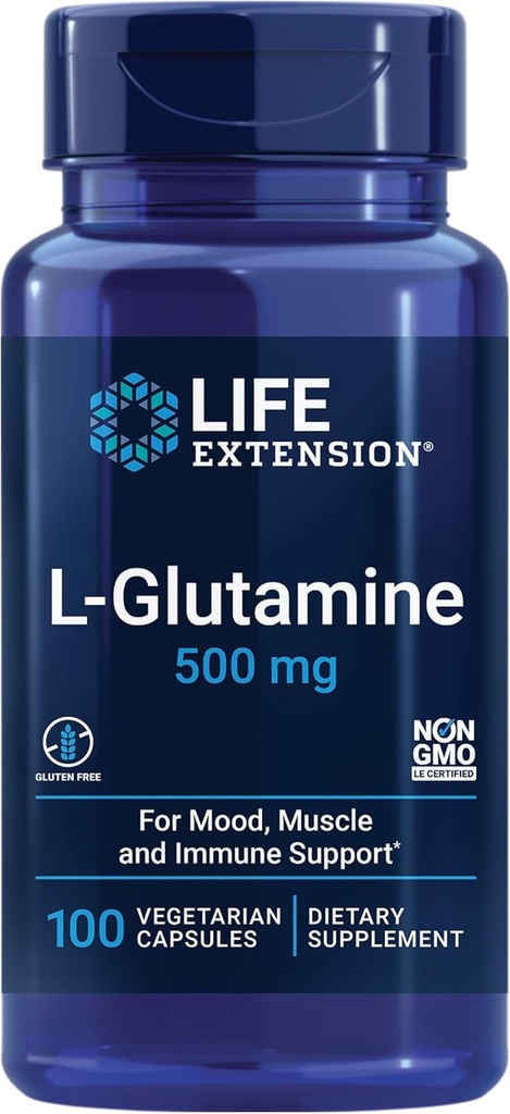 Life Extension L-Glutamine, 500 mg L-glutamine, Amino Acid, Supports Muscle Health and Immune Health, Gluten-Free, Non-GMO, 100 Vegetarian Capsules