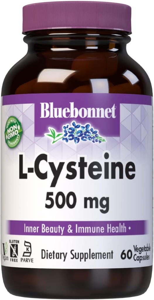 Bluebonnet Nutrition L-Cysteine 500mg, Free-Form Amino Acid, προάγει υγιές δέρμα, μαλλιά και νύχια, χωρίς σόγια, χωρίς γλουτένη, μη GMO, Kosher Certified, Vegan, λευκό, 60 κάψουλες λαχανικών