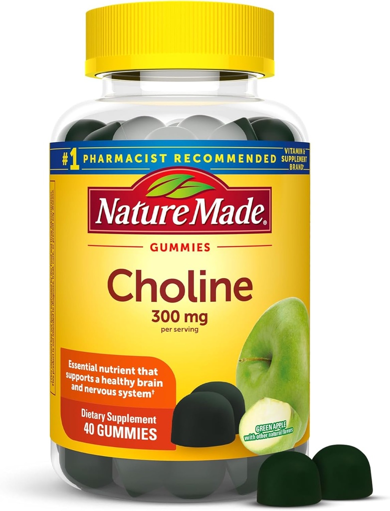 Nature Made Choline Συμπληρώματα, υποστηρίζει την υγεία του ήπατος, τη λειτουργία του νευρικού συστήματος και την υγεία του εγκεφάλου, 40 Vegan Gummies, 20 ημέρες προσφοράς