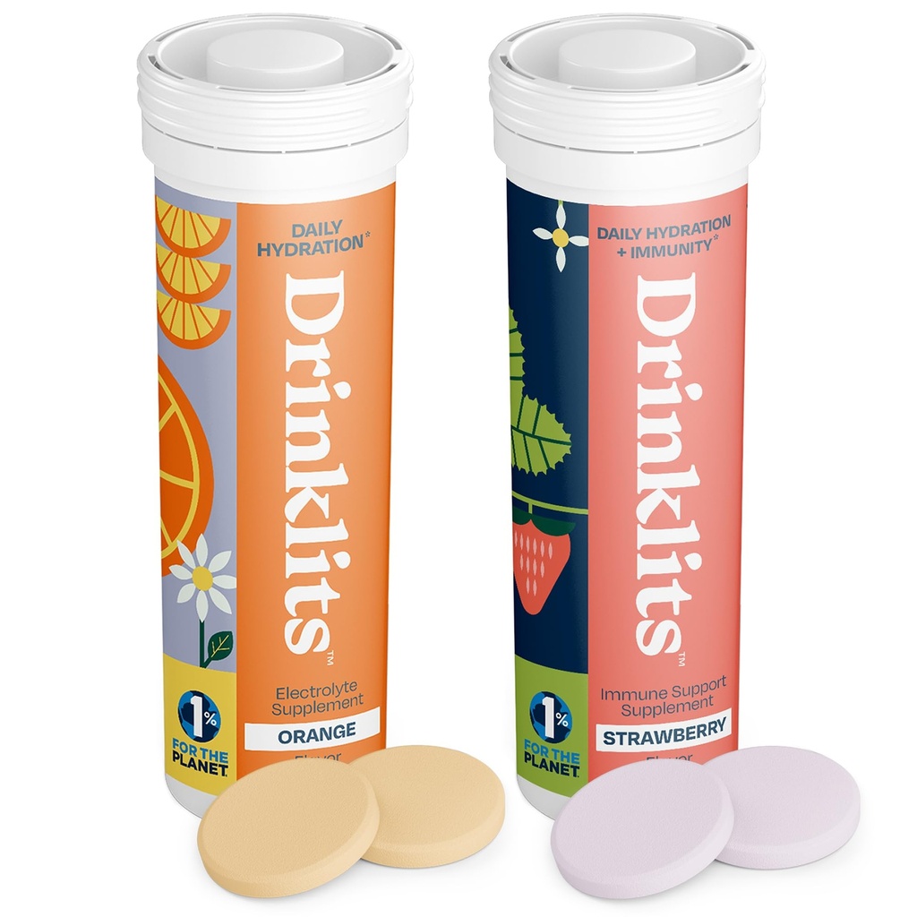 Drinklits Orange Daily Hydration Tablets + Strawberry Immunity Tablets (2) Tube Pack | Essential Electrolytes – Great Taste – Immune Support | 20 Servings (10 Tablets Per Tube)