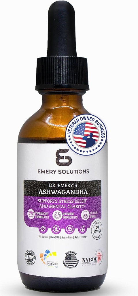Dr. Emery's Ashwagandha Liquid Drops Organic Extract Supplement for Relaxation, Mental Clarity, Natural Calm, and Mood, Vegan, Made in USA, 30 Day Supply