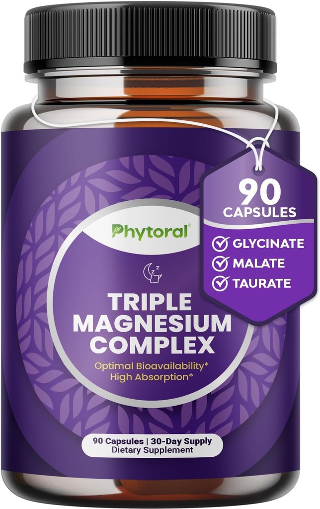 Highly Potent Magnesium Complex Capsules - Triple Magnesium Blend with Taurate Glycinate and Malate - 400mg Supplement Supports Relaxation & Overall Wellness Non-GMO Vegan 90 Capsules