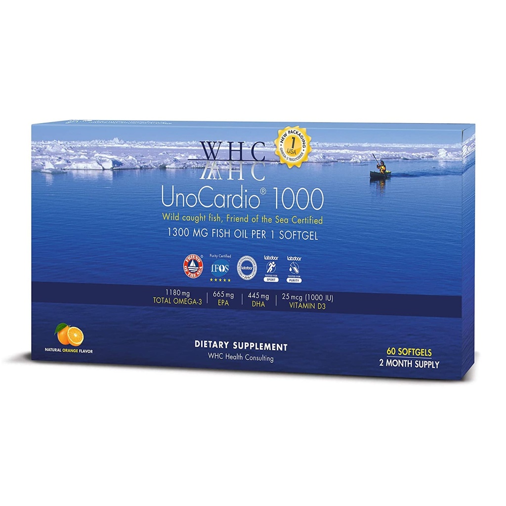 WHC, UnoCardio 1000 Fish Oil, 1300 mg Αμιγούς Τριγλυκεριδίου Fish Oil με Omega-3 (1180 mg), 665 mg EPA και 445 mg DHA και 25 mcg (1000 IU) Βιταμίνη D3 ανά softgel, Φυσικό Πορτοκαλί, 60 softgels