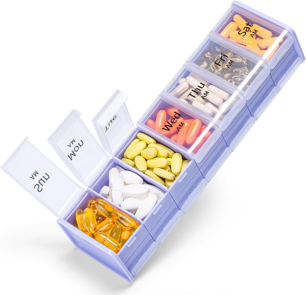 Extra Large Weekly Pill Organizer 2 φορές την ημέρα - Betife 7 Day Pill Box, AM Pill Case with Double Layer Jumbo Compartment for Pills, Vitamin, Fish Oil, Συμπληρώματα (Puple/White)