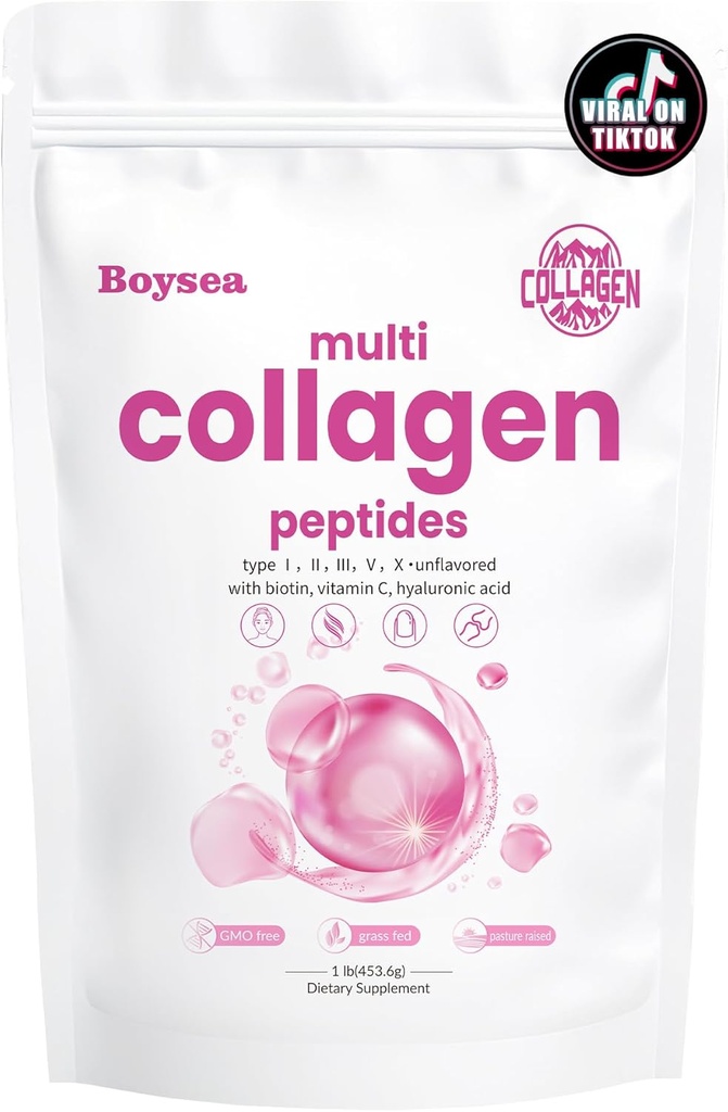 Μπόις. Πεπτίδια πολλαπλών κολλαγόνου - Hydrolyzed Protein Peptide Types I, II, III, V, X with Biotin & Vitamin C, Υποστηρίζει το δέρμα, τα μαλλιά, τα νύχια, και το κοινό, χωρίς γεύση, μη GMO, χωρίς γλουτένη, Easy Mix 1LB