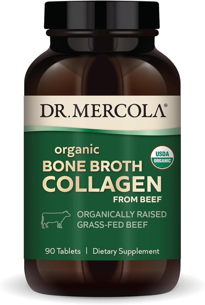 Dr. Mercola Organic Broth Collagen, 30 Servings (90 Tablets), Βιολογικά Μεγαλωμένο Μοσχάρι, Συμπλήρωμα Διατροφής, Υποστηρίζει Οστών και κοινής άνεσης, USDA Organic, Μη ΓΤΟ