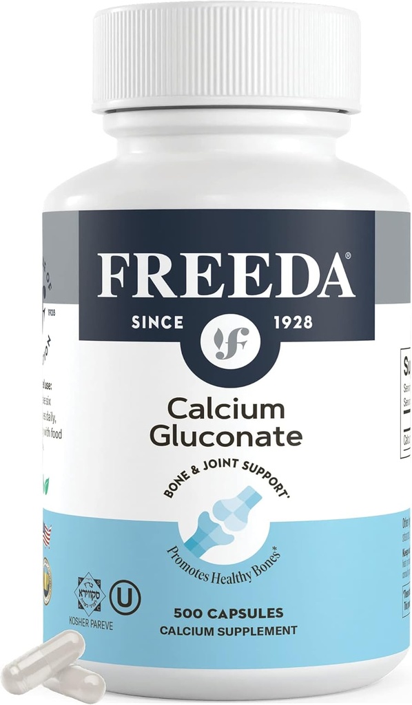 Freda Gluconate Ασβέστιο – Kosher Vegan Συμπλήρωμα ασβεστίου – Εύκολα Digest & Απορροφάται – Υποστηρίζει τη δύναμη των οστών – Αμιγές ασβέστιο χωρίς βιταμίνη D – (500 κάψουλες)
