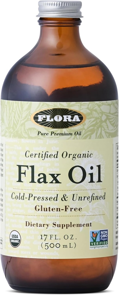 Φλώρα - Λάδι λιναριού - Ψυχρό-Pressed, Unrefined, Organic flax Seed Oil - Περιέχει Omega-3 & Omega-6 - Μη-GMO & Gluten-free - Κρατήστε chilled - 17 fl. oz. Amber Glass Bottle