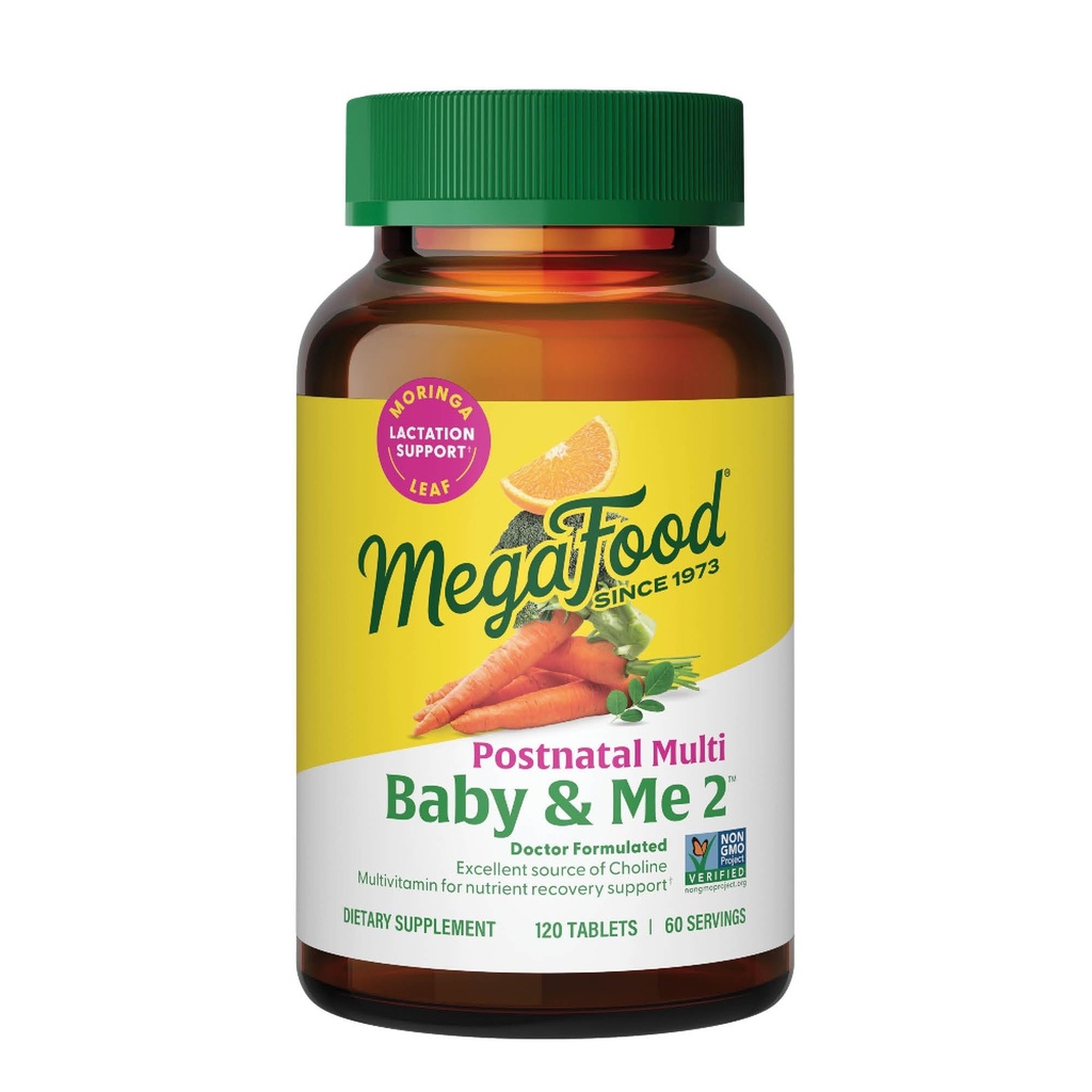MegaFood Baby & Me 2 Μεταγεννητικές Βιταμίνες για γυναίκες Θηλασμός με φολικό (Folate Acid Natural Form), Χολίνη, Ιώδιο, Βιταμίνη D, Moringa Leaf και More - 120 Tabs (60 Servings)