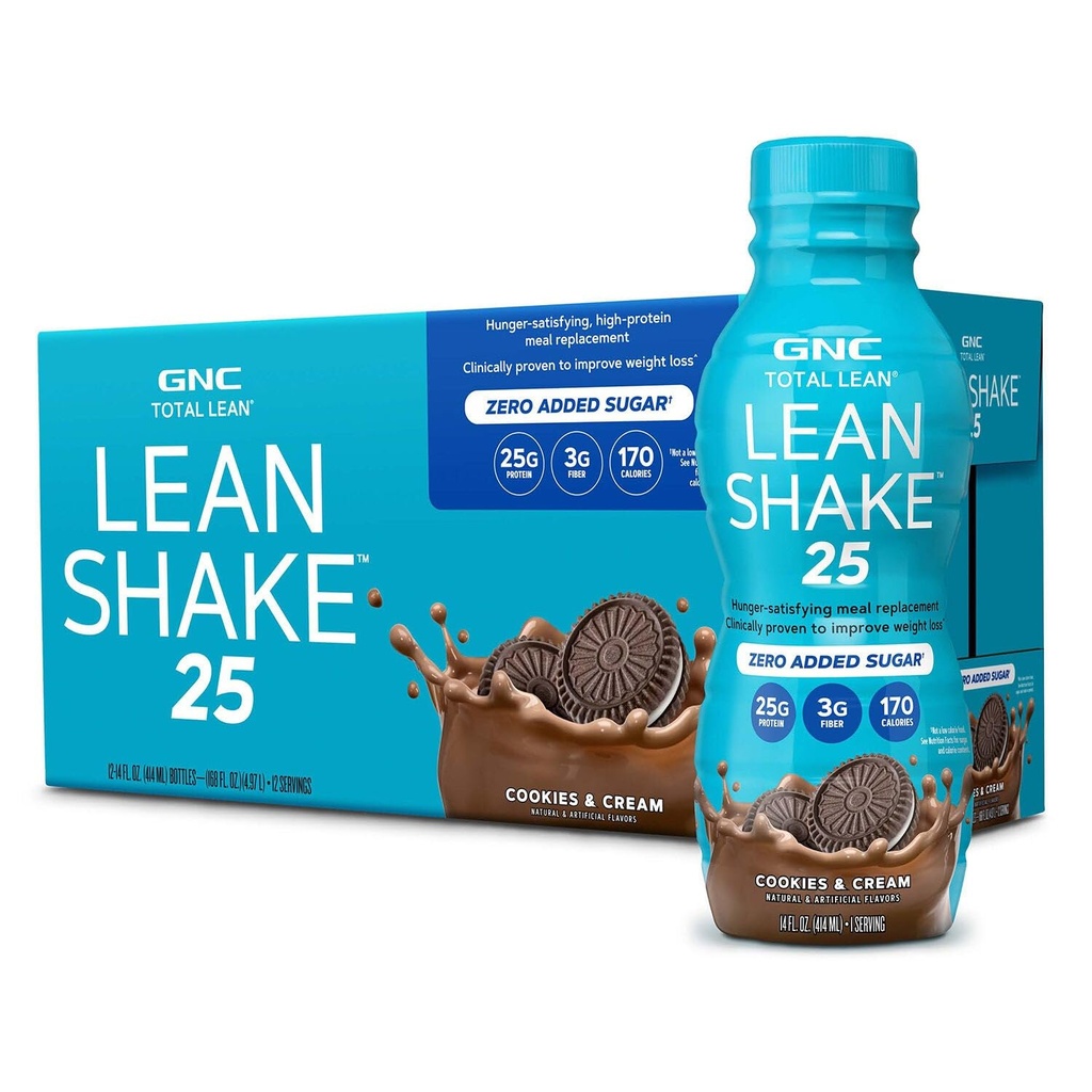 GNC Lean Shake 25 Protein Shake, Clinically Proven Weight Management, Meal Replacement, 25g Protein with Zero Added Sugar, Ready to Drink, Cookies and Cream, Pack of 12
