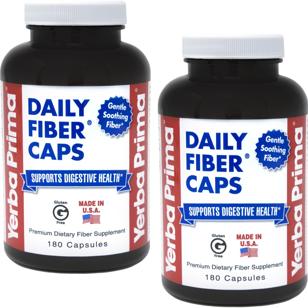 Yerba Prima Daily Fiber Formula - 180 caps (Pack of 2) - Διαλυτή & αδιάλυτη Διατροφική Fiber Συμπλήρωμα - Καθαρίστε το έντερο - Υγεία στο έντερο - Vegan, Μη ΓΤΟ, Χωρίς γλουτένη