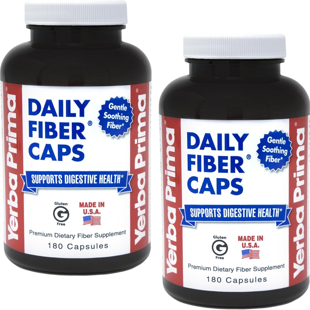 Yerba Prima Daily Fiber Formula - 180 caps (Pack of 2) - Διαλυτή & αδιάλυτη Διατροφική Fiber Συμπλήρωμα - Καθαρίστε το έντερο - Υγεία στο έντερο - Vegan, Μη ΓΤΟ, Χωρίς γλουτένη