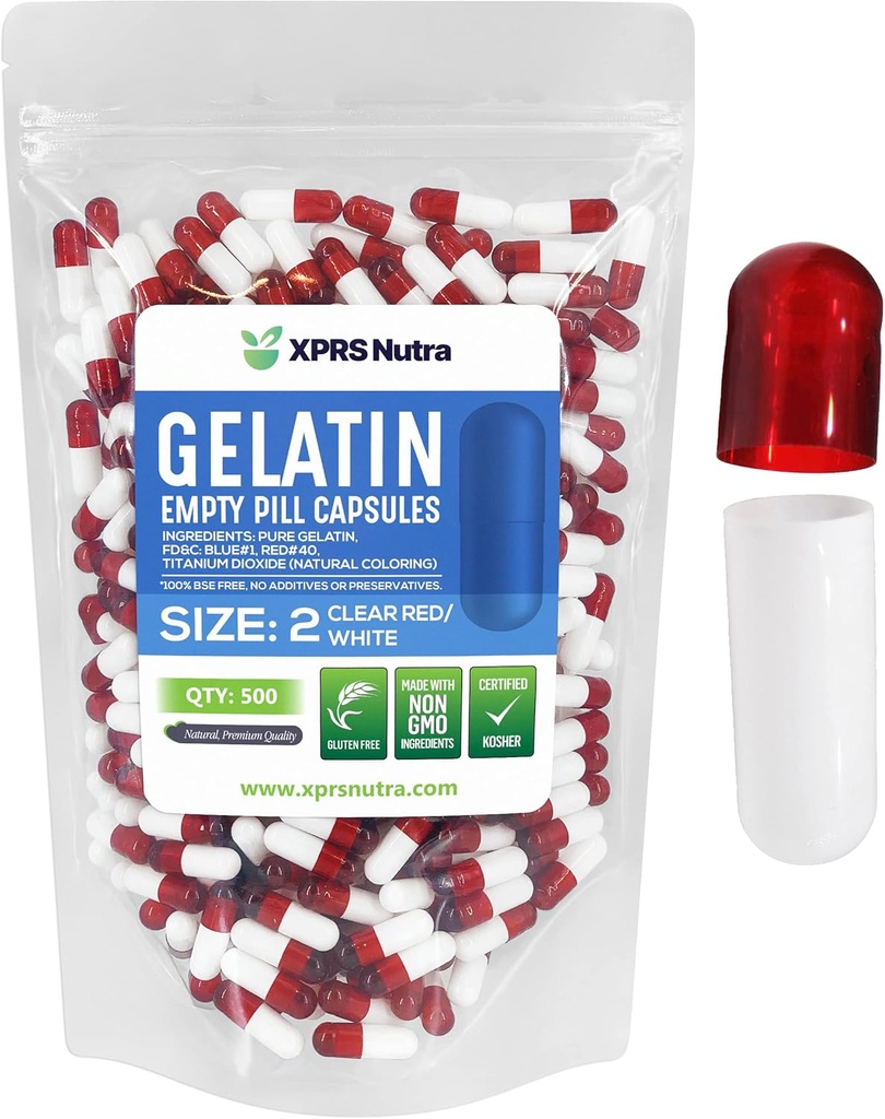 XPRS Nutra Μέγεθος 2 Κενές κάψουλες - 500 Count Empty Gelatin Κάψουλες - Χάπια DIY Καψάκιο πλήρωσης - Pure Bovine Pill Gel Caps for Do-It-Yourself Συμπληρώματα (Καθαρό κόκκινο / λευκό)
