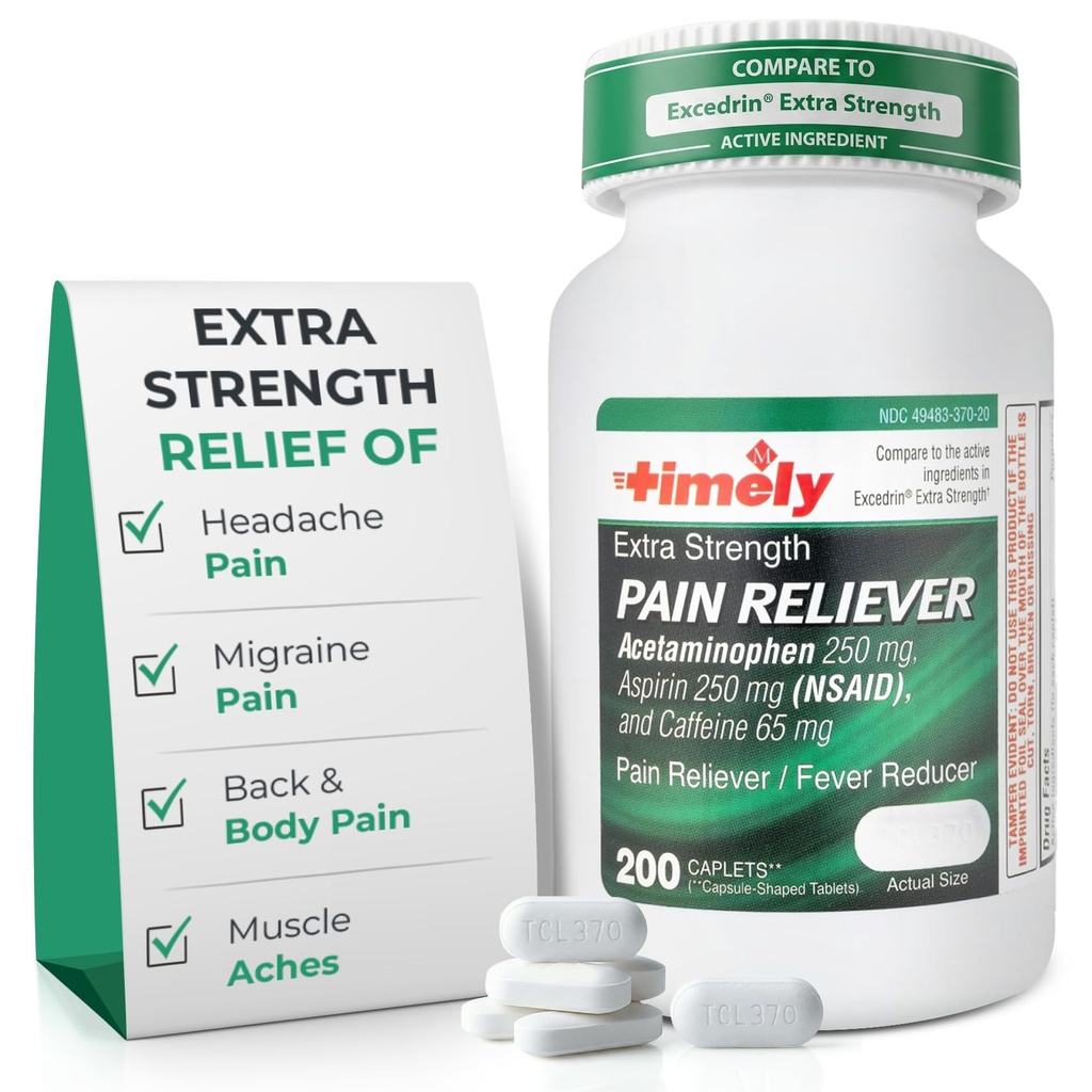 Εργαστήρια Time-Cap, INC. Timely Extra Strength Πονοκέφαλος Ανακούφιση - Acetaminophen με ασπιρίνη & καφεΐνη (200 Caplets) - Πονοκέφαλος, ημικρανία & πλάτη και πόνος του σώματος & μυϊκοί πόνοι - Επιπλέον δύναμη - Made in USA