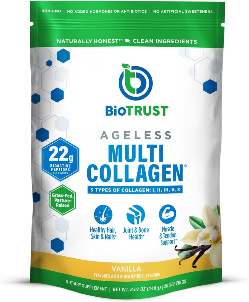 BioTrust Ageless Multi Collagen Peptides σκόνη – 5 τύποι (I, II, III, V, X) – Vanilla Collagen σκόνη για γυναίκες & άνδρες – Υδρολυμένη πρωτεΐνη – Grass Fed Beef, Ψάρι, Κοτόπουλο, Eggshell Membrane