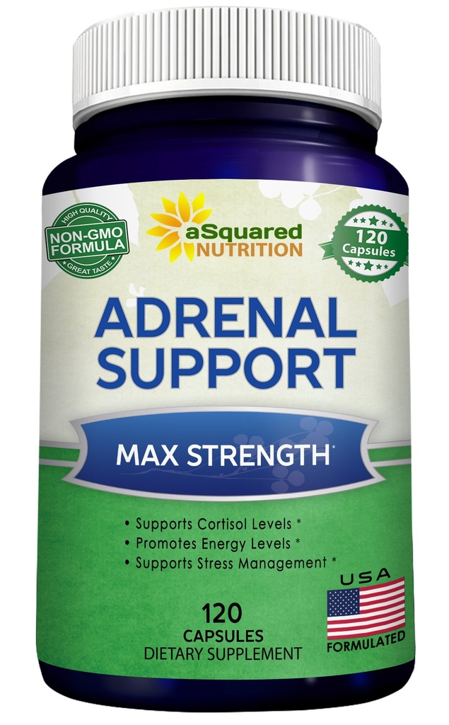 aSquared Nutrition Adrenal Support & Cortisol Manager Supplement (120 Κάψουλες)-Adrenal Health w/Vitamin C Complex Pills to Support Fatigue & Stress Relief-Ashwagandha, L-Tyrosine, Rhodiola & Ginseng