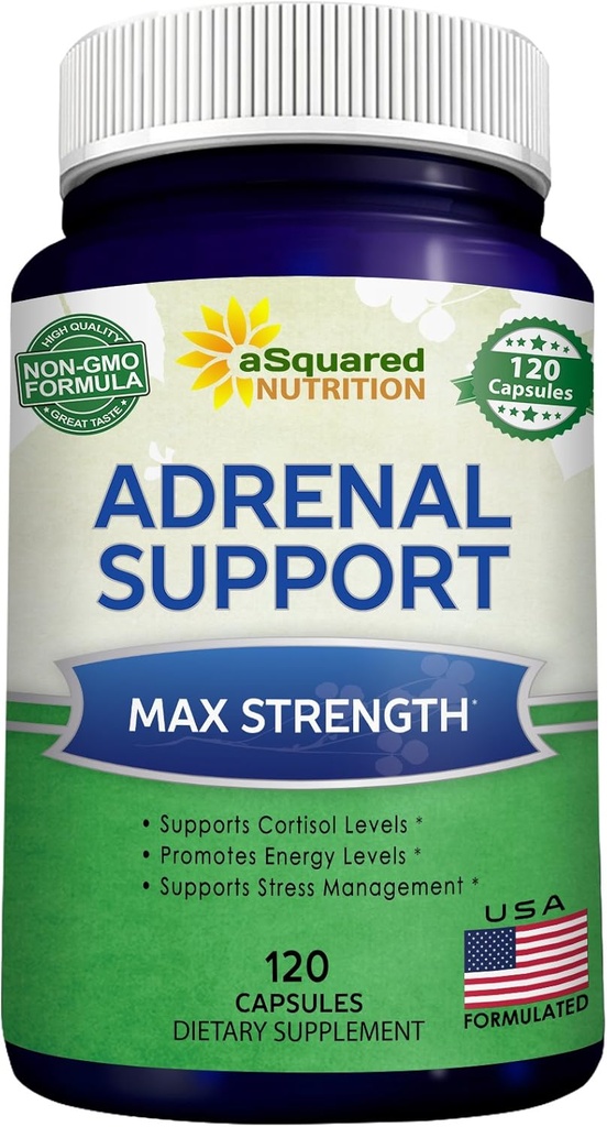aSquared Nutrition Adrenal Support & Cortisol Manager Supplement (120 Κάψουλες)-Adrenal Health w/Vitamin C Complex Pills to Support Fatigue & Stress Relief-Ashwagandha, L-Tyrosine, Rhodiola & Ginseng