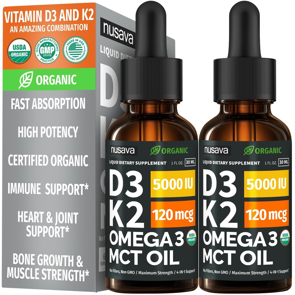(2 Pack) Organic Vitamin D3 K2 Drops with MCT Oil Omega 3, 5000 IU — Liquid D3, No Fillers, Non-GMO, Immune Support (Unflavored, 2 Fl Oz)