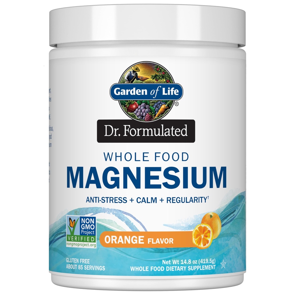 Κήπος της Ζωής Dr. Formulated Whole Food Magnesium 419.5g Powder - Πορτοκαλί, Chelated, Non-GMO, Vegan, Kosher, Gluten & Sugar Free Supplement with Probiotics - Best for Anti-Stress, Calm & Regularity