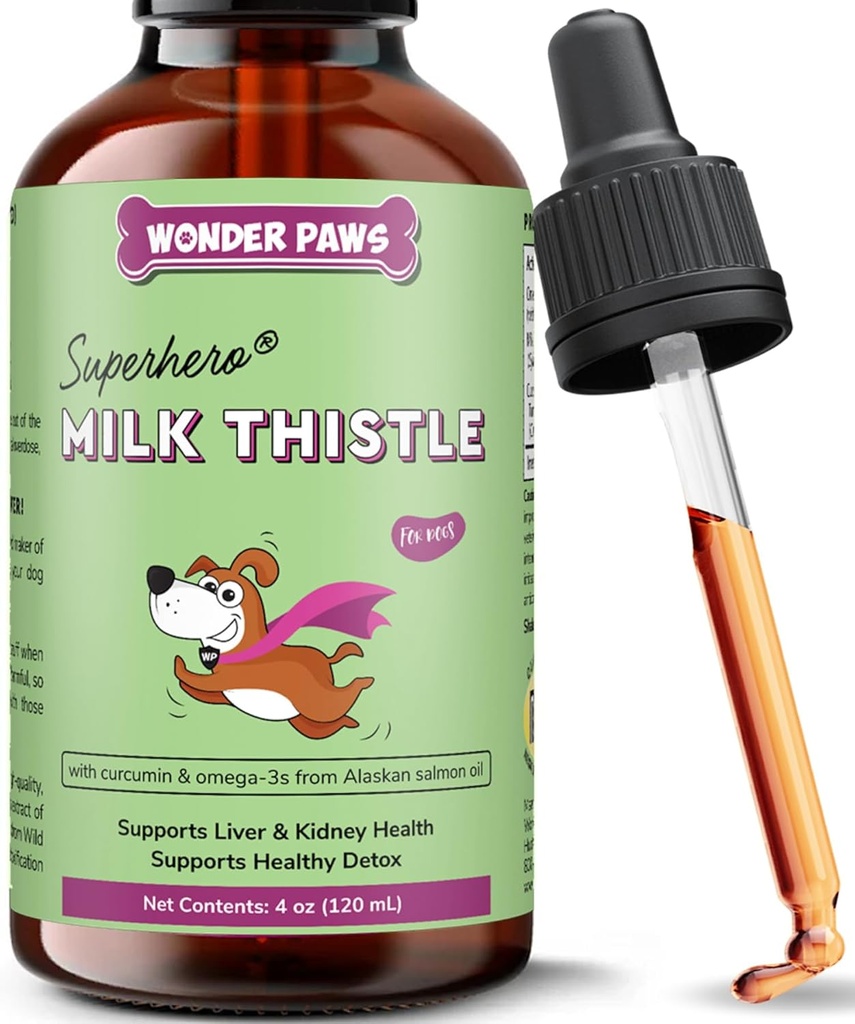 Wonder Paws γάλα γαϊδουράγκαθο, υποστήριξη του ήπατος για τα σκυλιά, υποστηρίζει λειτουργία νεφρών για τα κατοικίδια ζώα, Detox, ηπατική υποστήριξη, με την άγρια Αλάσκα σολομό Έλαιο & κουρκουμίνη, Ωμέγα 3 EPA & DHA (4 Oz)