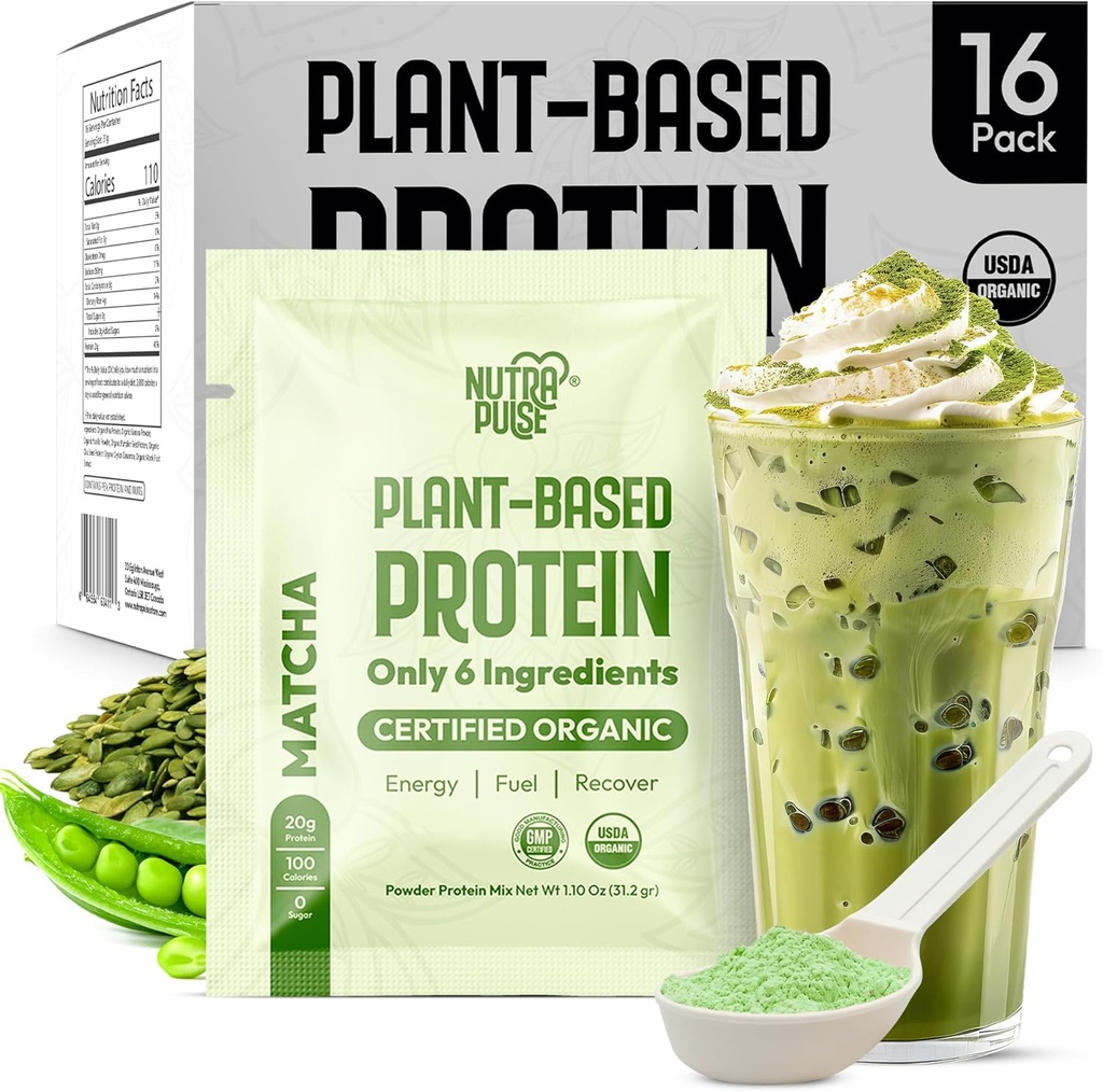 Matcha Vegan Protein Powder Συσκευασία δείγματος – 20g Organic Plant Based Protein – Μη ΓΤΟ, Χωρίς γλουτένη, Χωρίς σόγια – Smoothie & Shake Ready – Εύκολη στο Digest – 16 Single Services – Δοκιμάστε όλες τις 16!