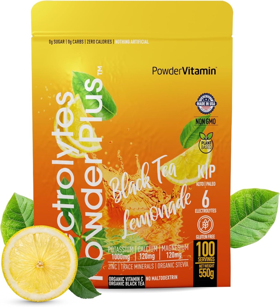 Σκόνη Vitamin Ηλεκτρολυτές σκόνη Plus (100 σερβιέτες) Μαύρο τσάι Λεμονάδα Ηλεκτρολυτική σκόνη Zero Calorie Keto,0 Ζάχαρη, Όχι Μαλτοδεξτρίνη, 1000mg Κάλιο,120mg Ασβέστιο,120mg Μαγνήσιο, σκόνη ενυδάτωσης