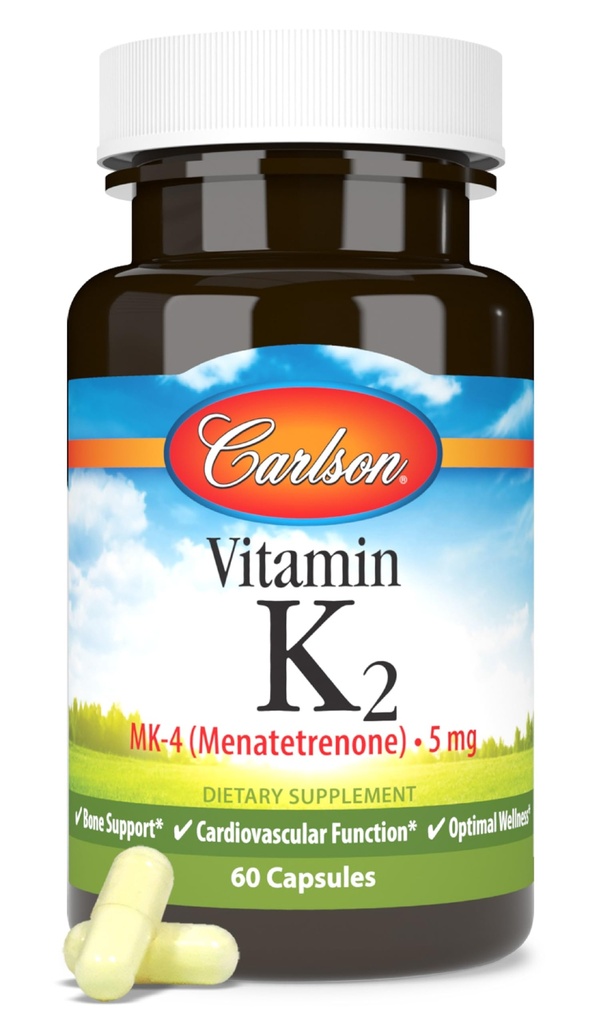 Carlson - Βιταμίνη K2, MK-4 (Μενατερενόνη), Συμπλήρωμα βιταμίνης Κ, Υγεία των οστών και της καρδιάς, K2 Βιταμίνη, χωρίς σόγια, 60 κάψουλες