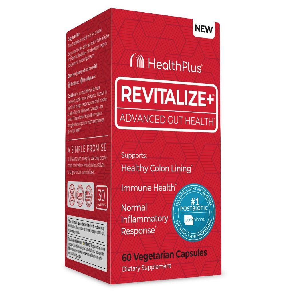 Health Plus Revitalize+ CoreBiome Butyrate Postbiotic for Complete Digestive Health, Leaky Gut & Colon | Gut Health Supplement for Men & Women | 60 Capsules, 30 Servings