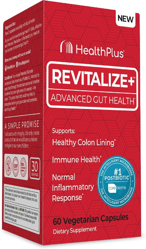 Health Plus Revitalize+ Corebiome Tributyrin Postbiotics for Complete Digestive Health, Leaky Gut, Colon | Gut Health Supplements for Men & Women | 60 Capsules, 30 Servings