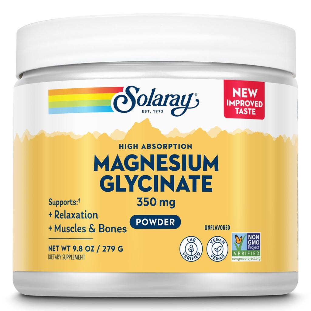 SOLARAY Magnesium Glycinate Powder 350 mg - High Absorption Magnesium Glycinate Supplement - Bones, Muscle and Relaxation Support - Unflavored, Vegan, Gluten Free, 60-Day Guarantee, 50 Servings, 9.8oz