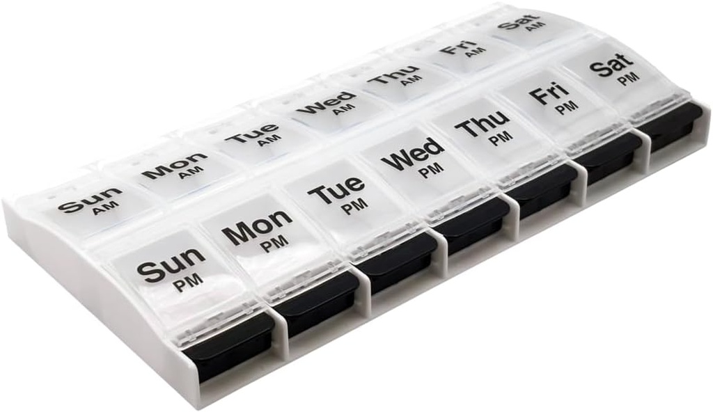 EZY DOSE Push Button (7-Day) Pill Case, Medicine Planner, Vitamin Organizer, 2 φορές την ημέρα, AM/PM Container, X-Large Compartments, Αρθρίτιδα Φιλικό, Εύκολο στη χρήση, Καθαρές Λίδες, Καθαρό / Μαύρο, BPA Δωρεάν