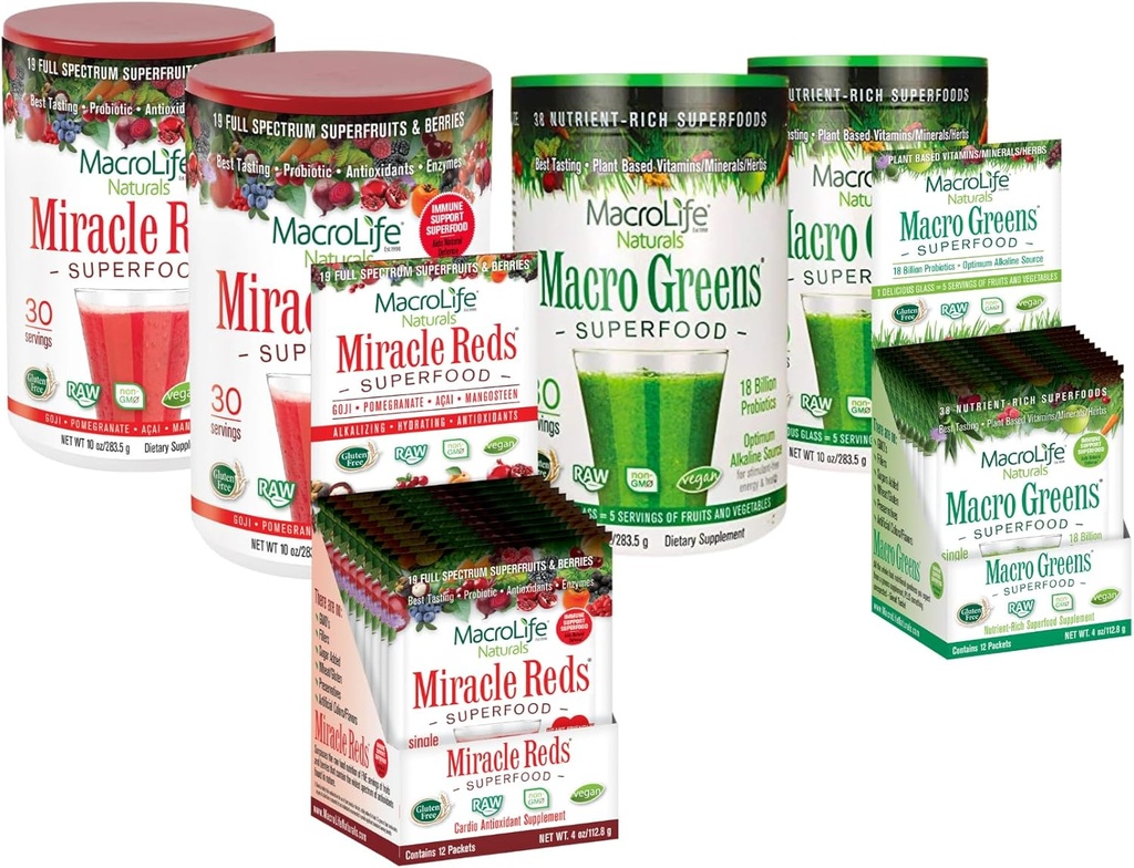 MacroLife Survivor 6-Count Bundle, 2 Macro Greens 10oz +1 Packet Box (12ct), 2 Miracle Reds 10oz + 1 Packet Box (12ct)