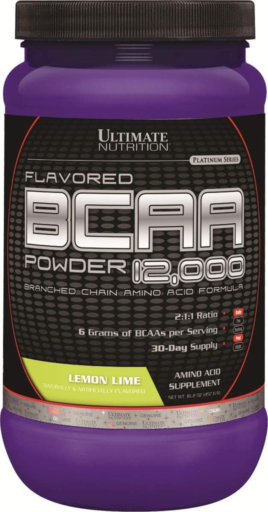 Ultimate Nutrition Flavored BCAA Powder 12.000, Post Workout Recovery Drink, 3g Leucine 1.5g Valine 1.5g Ισολευκίνη, Αλυσίδα Κλάδου Amino Acids Συμπληρώματα για την αποκατάσταση των μυών, 60 εξυπηρετούν, λεμόνι Lime