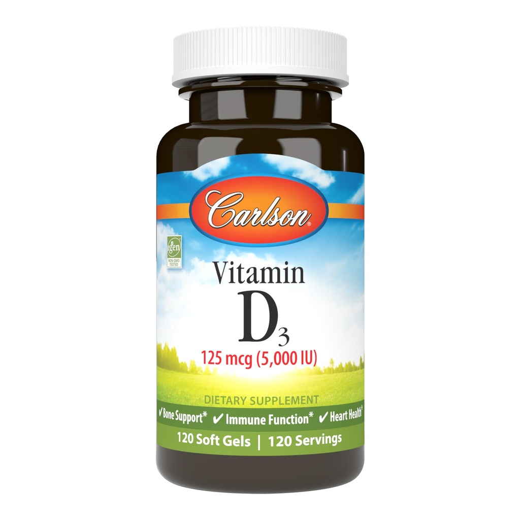 Carlson - Βιταμίνη D3 5000 IU (125 mcg), Υγεία των οστών, Μυική Υγεία, Χοληκαλσιφερόλη, συμπληρώματα βιταμίνης D, Βιταμίνη D3 Μαλακά Gels, 120 Softgels