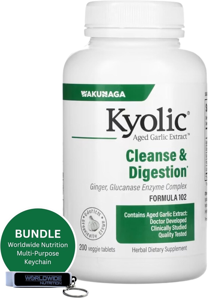Worldwide Nutrition Bundle: Kyolic aged Garlic Extract 200 Veggie Tablets Formula 102 Cleanse & Digestion - Εμπλουτισμένο με συμπλήρωμα σκόρδου Ginger - 200 Counts with Multi-Purpose Key Chain