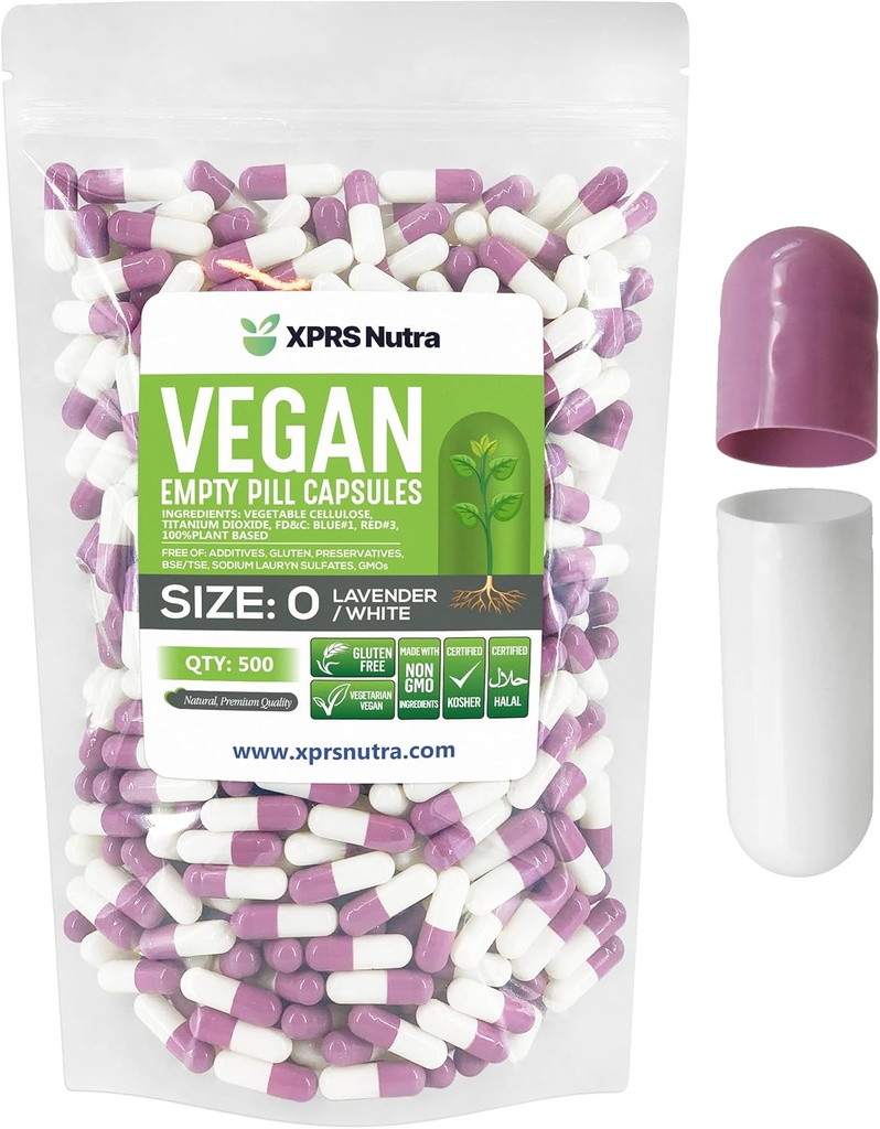 XPRS Nutra Size 0 Κενές κάψουλες - 500 Count Empty Vegan Κάψουλες - Χορτοφαγικά Χάπια - DIY Fegetary Filling - Veggie Pill Caps for Do-It-Yourself Συμπληρώματα (Lavender/White)
