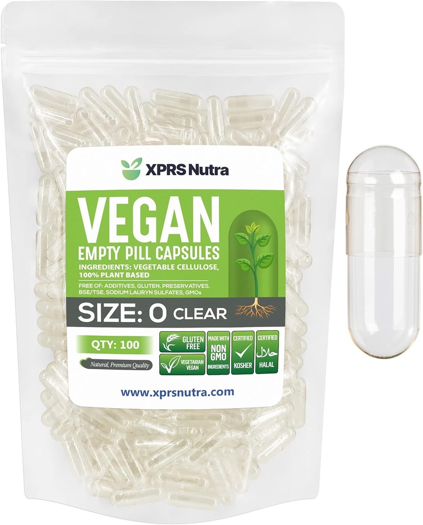 XPRS Nutra μέγεθος 0 Κενές κάψουλες - 100 Clear Count Empty Vegan κάψουλες - χορτοφαγικά χάπια - DIY κάψουλες που γεμίζουν - Veggie χάπια για το δικό σας συμπλήρωμα