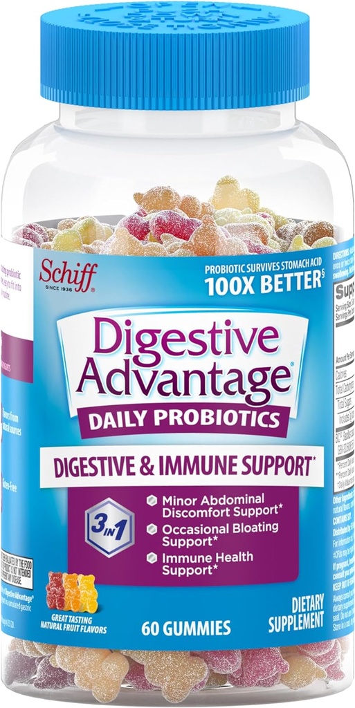 Πλεονέκτημα Digestive, Probiotic Gummy για ενήλικες, 60 Gummies, Χωρίς γλουτένη, Επιζεί 100x Καλύτερα, Ποικίλες Γεύσεις Φρούτων, Υποστηρίζει Digestive Υγεία