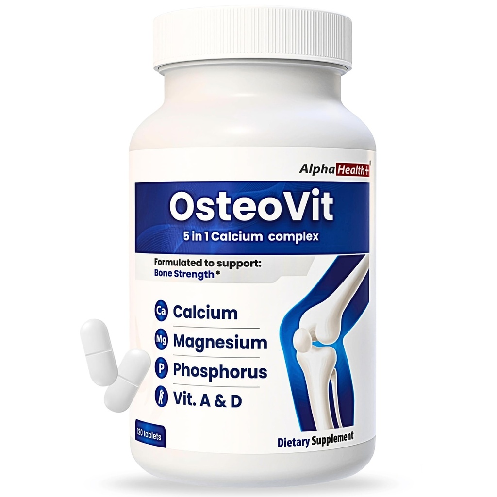 OsteoVit 5-σε-1 Calcium 120 tabs Πολυβιταμίνη: Ασβέστιο, Μαγνήσιο, Φώσφορος, Βιταμίνη D3 & A - Δύναμη των οστών & Ευελιξία*, Μη Γλουτένη Γλουτένη Δωρεάν 