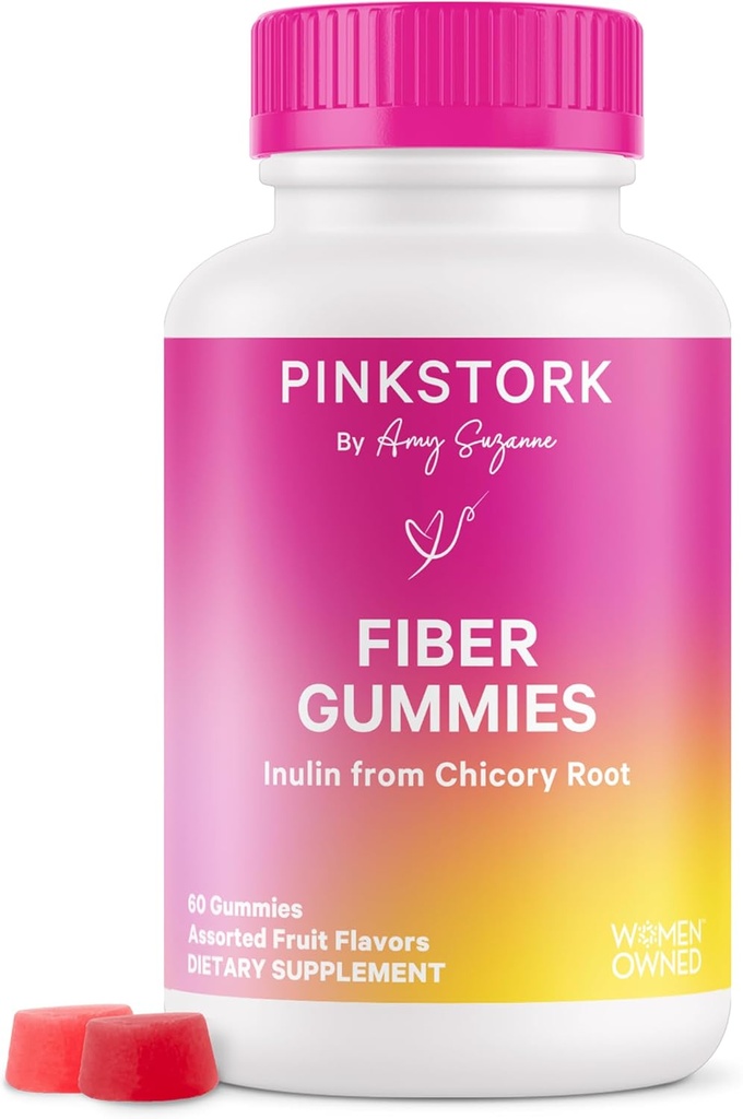 Pink Stork Προγεννητικά Gummies Ίνες για γυναίκες - 3g Prebiotic Inulin από Chicory Root - Φυσική Εγκυμοσύνη & Μεταλόχειο Αποσκληρυντές Στολών για Δυσκοιλιότητα & Πεπτικό Υγεία - 60 Vegan Fiber Chews