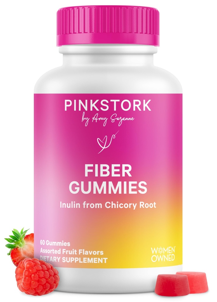 Pink Stork Prenatal Fiber Gummies for Women - 3g Prebiotic Inulin from Chicory Root - Natural Pregnancy & Postpartum Stool Softeners for Constipation & Digestive Health - 60 Vegan Fiber Chews