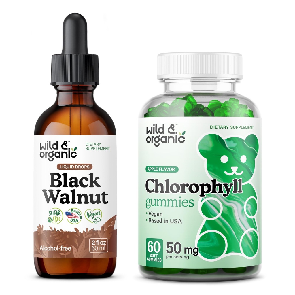 Άγρια & οργανικά Μαύρη Βάμμα Walnut 2 fl oz & Chlorophyl Gummies 60 Count