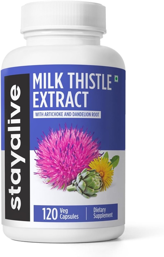 Συμπλήρωμα STAY ALIVE Γαϊδουράγκαθο γάλακτος με Dandelion Root και Artichoke Extract, 80% Silymarin Complex, 120 χάπια, 100% Pure Artichoke Leaf Extract Powder, Non-GMO & Gluten-free Herbal Caps