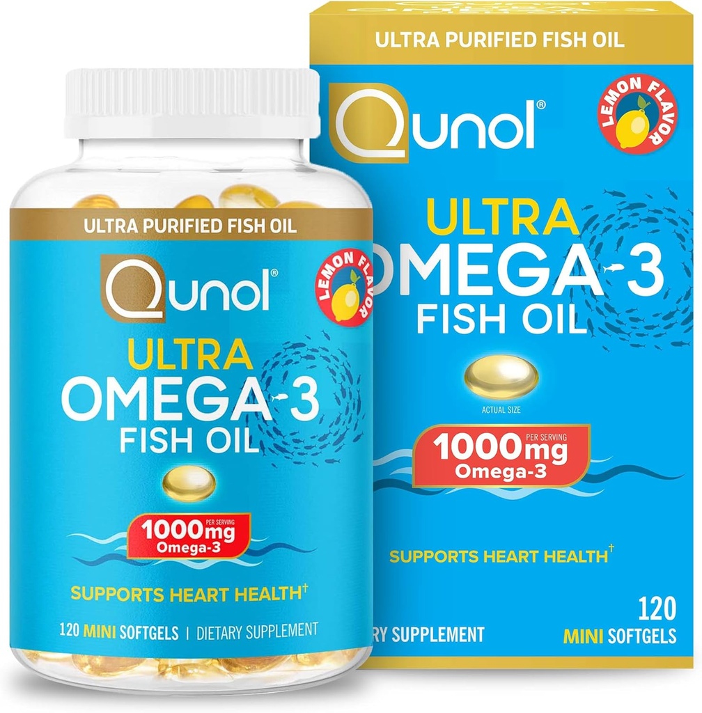 Qunol Omega 3 Fish Oil Mini Softgels, 1000mg Ultra Pure Fish Oil, υποστήριξη για την υγεία της καρδιάς, συμπληρώματα Ωμέγα 3 DHA, άρωμα λεμόνι, 2 Μήνες προσφοράς, 120 Count
