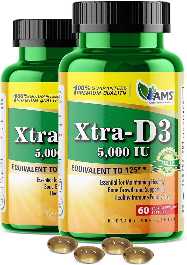 America Medic & Science Xtra D3 Vitamin D 5,000 IU (125 mcg)Cholecalciferol Supplement for Men & Women(120Easy to Swallow Softgels) 2pack|Best for Bone,Heart Health,Immune System Support,Lung Function