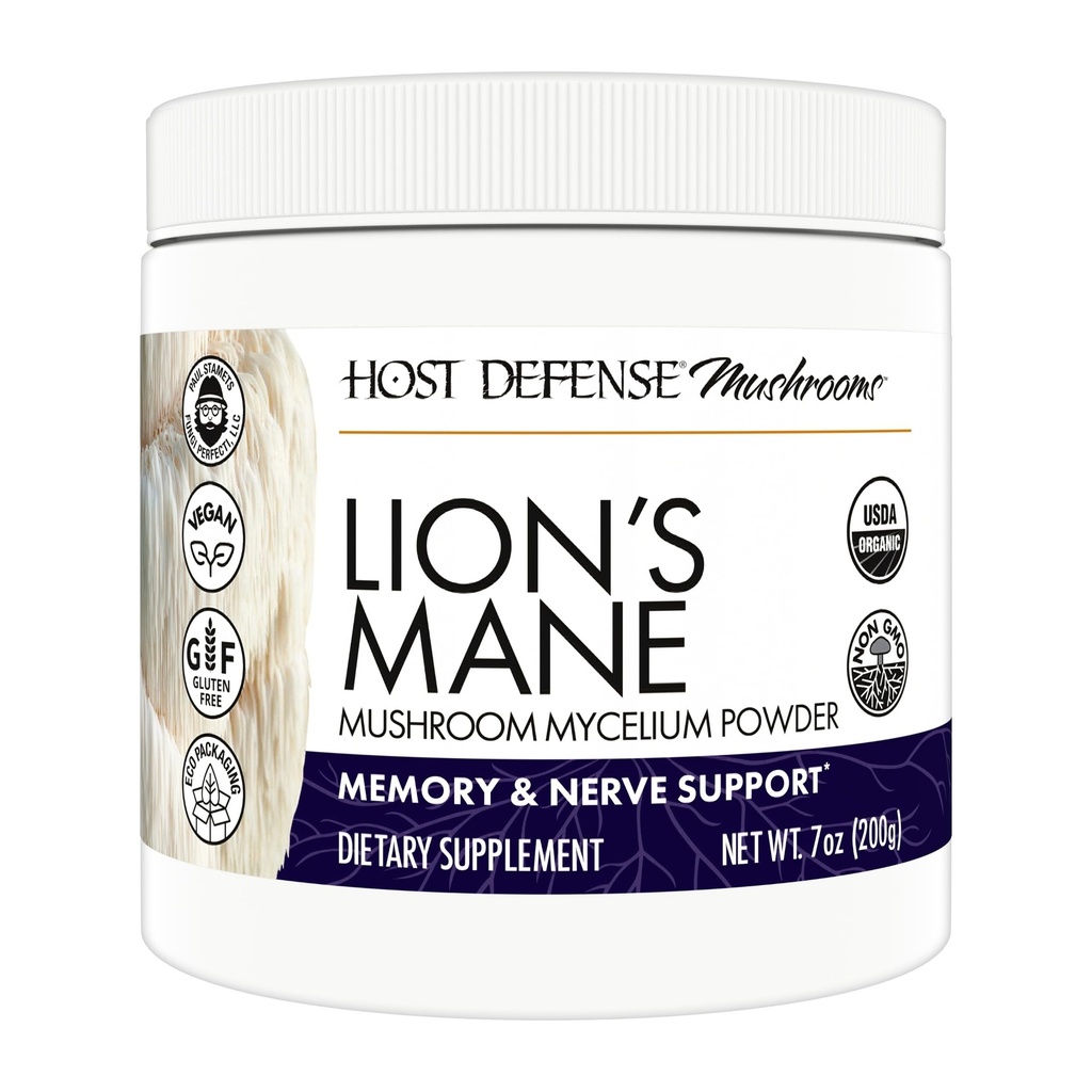 Host Defense Lion's Mane Powder - Brain Health Supplement - Mushroom συμπλήρωμα για την υποστήριξη Focus & Memory Function - ανοσοποιητικό και νευρικό σύστημα συμπλήρωμα υποστήριξης - 7 oz (133 υπηρεσίες)*