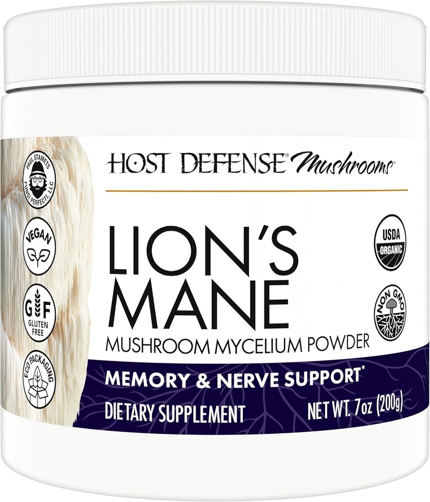 Host Defense Lion's Mane Powder - Brain Health Supplement - Mushroom συμπλήρωμα για την υποστήριξη Focus & Memory Function - ανοσοποιητικό και νευρικό σύστημα συμπλήρωμα υποστήριξης - 7 oz (133 υπηρεσίες)*